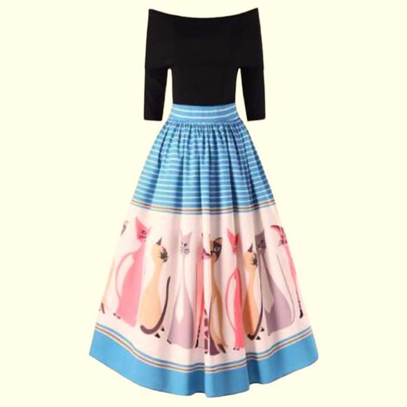 Feline Friends Dresses & Skirts - Feline Friends Retro Kitty Off Shoulder Zip Up Dress Size Lg